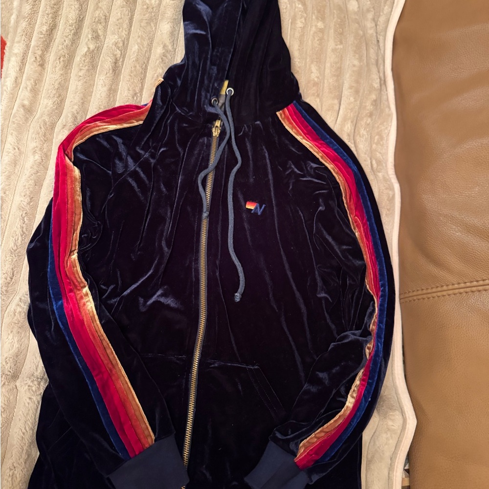 Aviator Nation Deep Navy Velvet Hoodie with Gold, Red and Orange Stripes